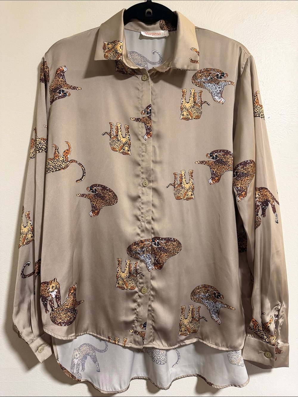 Tan Satin Button-Up Blouse with Leopard Motif